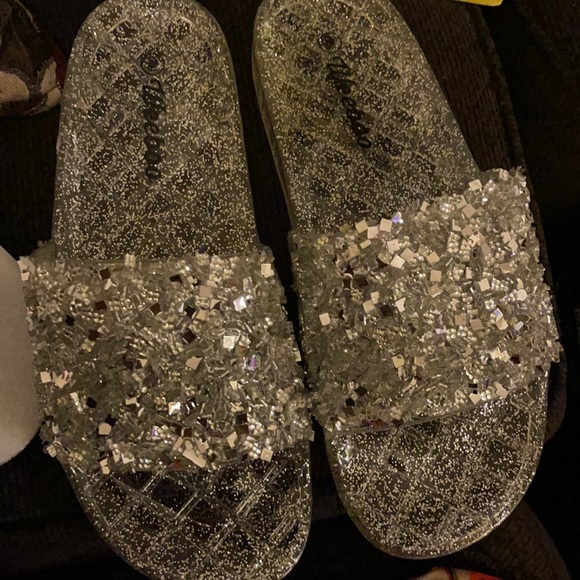 Devious Kouture Shoes - Silver Glitter Slides